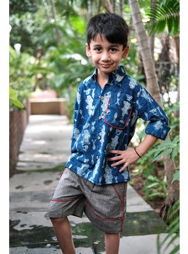 Kids Fish Print Shirt With Grey Paneled Shorts - Prathaa - weaving traditions