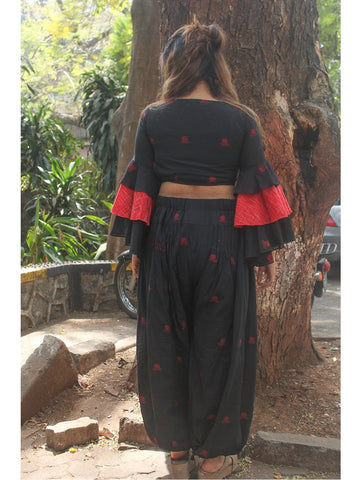 Black Three Tier Flare Sleeves Blouse in Jamdani Fabric - Prathaa - weaving traditions | Handloom tops