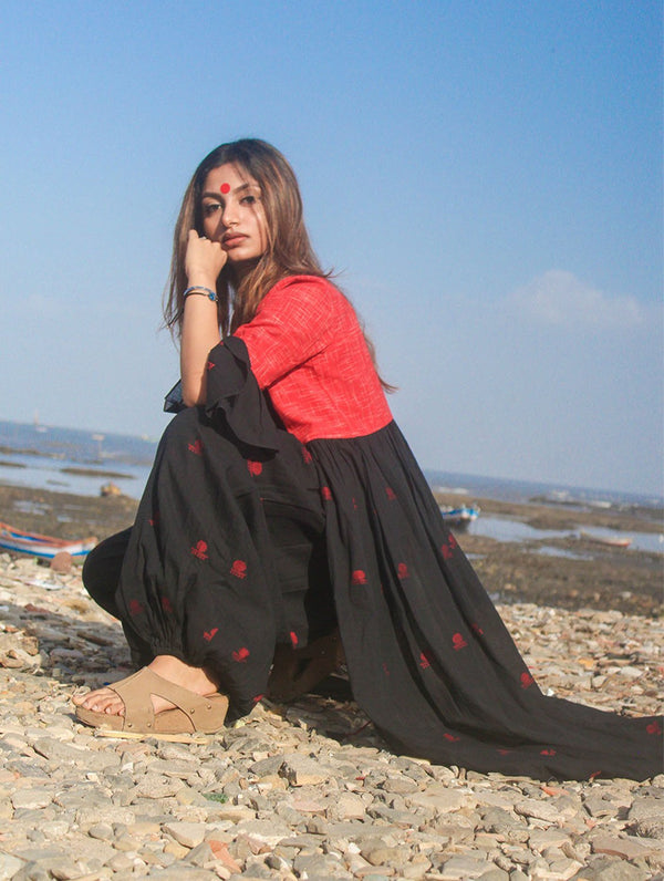 Black Cape Jacket With Flared Sleeves in Jamdani Fabric - Prathaa - weaving traditions | long flared coat
