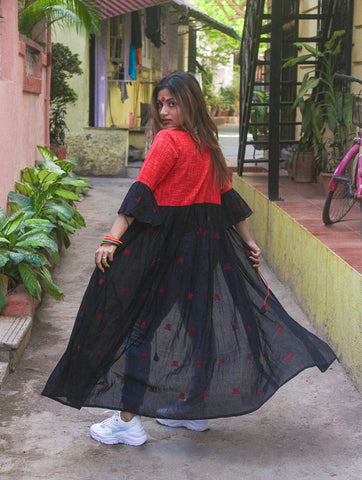 Black Cape Jacket With Flared Sleeves in Jamdani Fabric - Prathaa - weaving traditions | festival outfits with shorts
