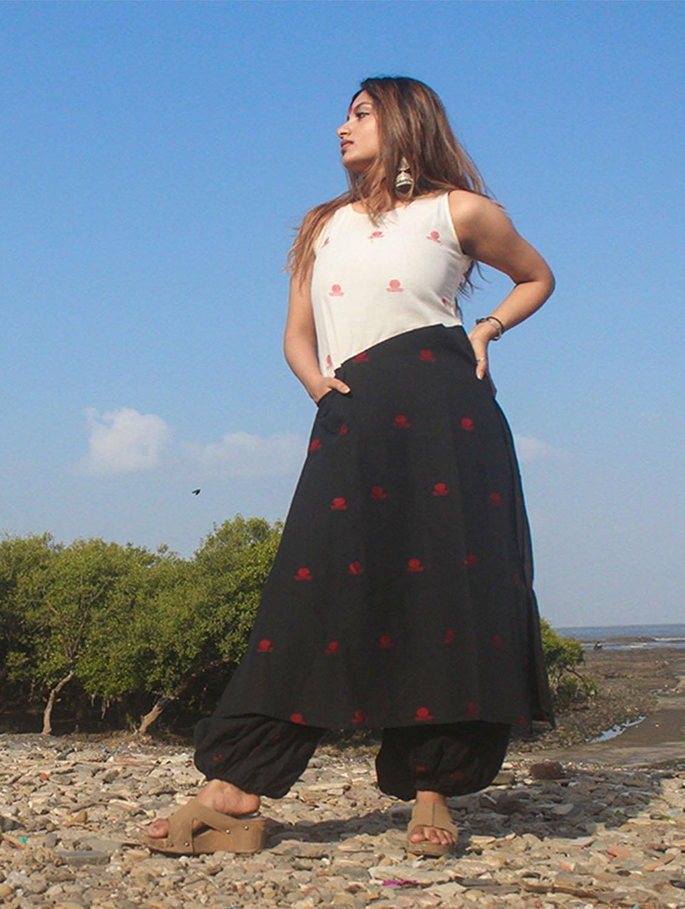Black and White Colorblock Jamdani Tunic