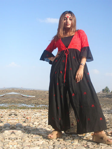 Black Cape Jacket With Flared Sleeves in Jamdani Fabric - Prathaa - weaving traditions | Handloom Jacket
