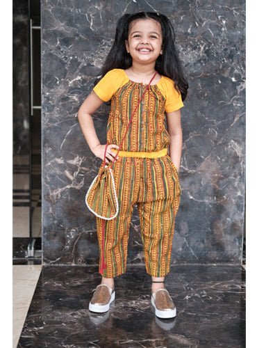 Kids Yellow Ajrakh Jumpsuit - Prathaa - weaving traditions