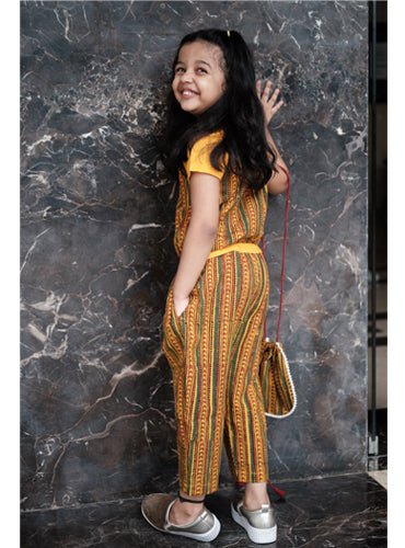 Kids Yellow Ajrakh Jumpsuit - Prathaa - weaving traditions