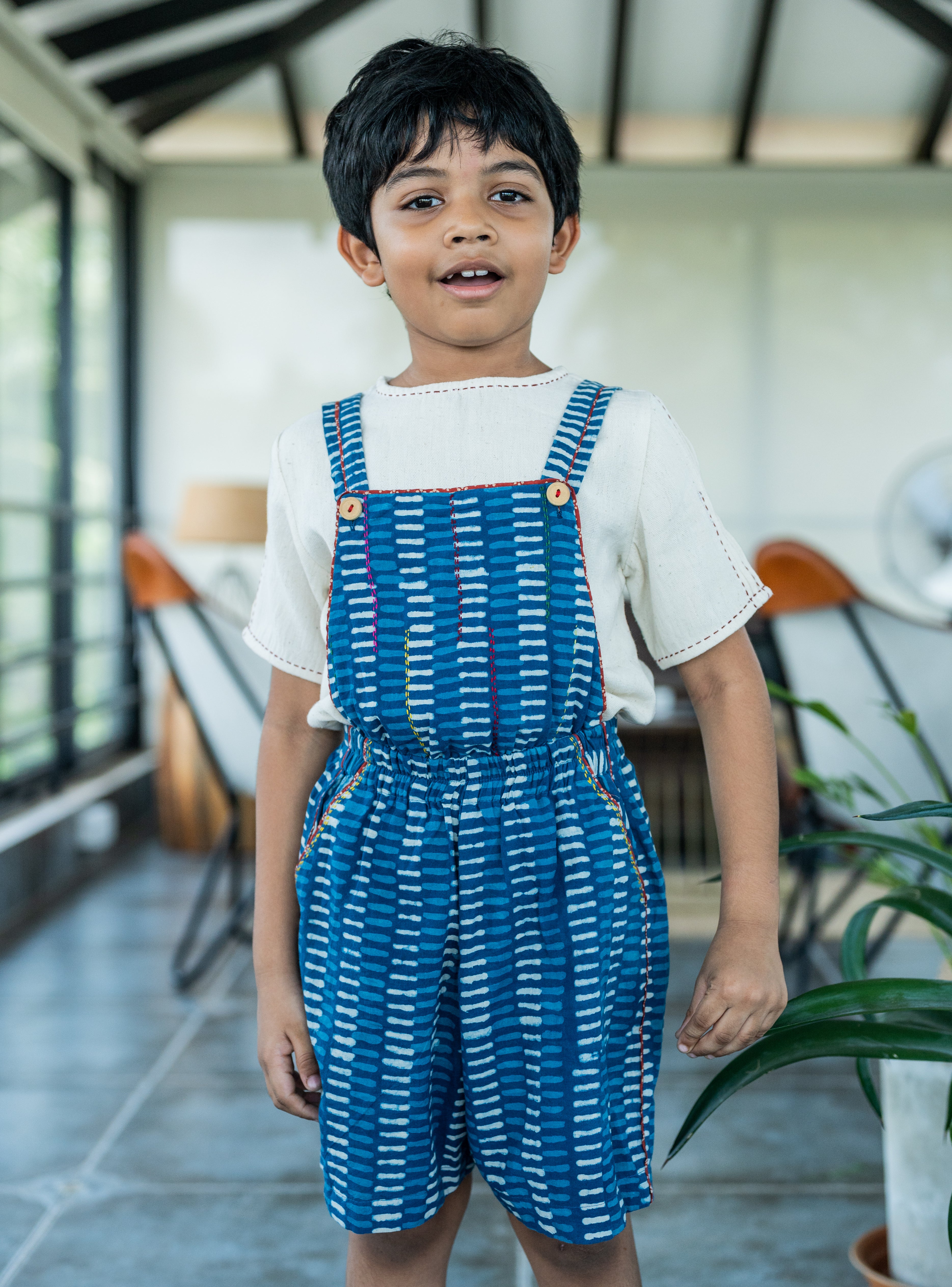 Natkhat Indigo ladder print Dungaree - Prathaa - weaving traditions