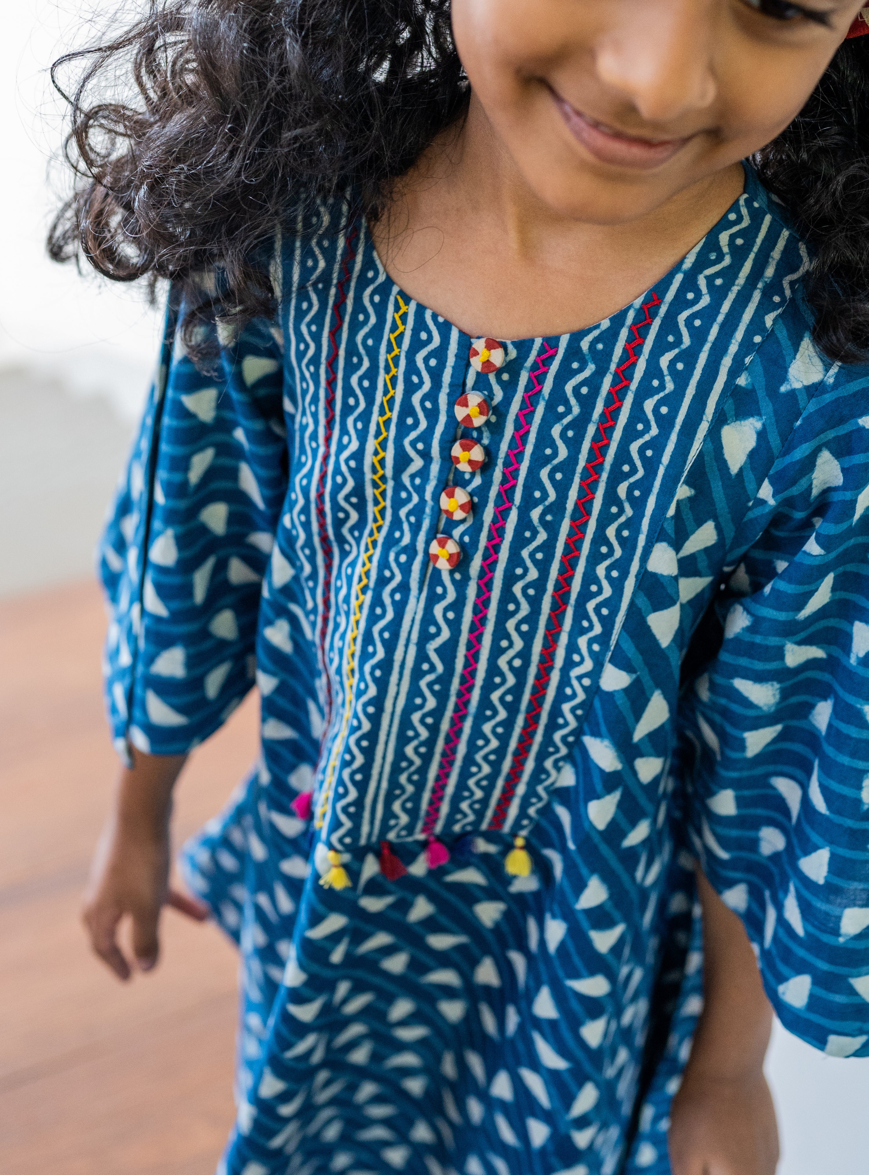 Dabu Handblock Printed Cotton Indigo Frock For Girls | Sustainable Kidswear by Prathaa