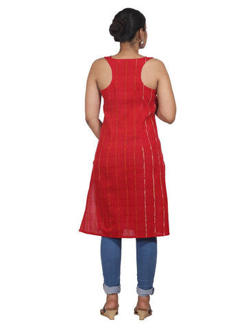 Red Khesh Short Tunic With Racer Back - Prathaa - weaving traditions
