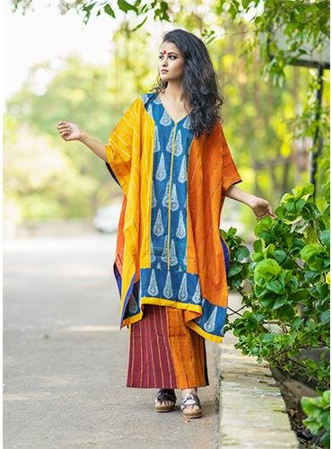 Tri Color Long Kaftan - Prathaa - weaving traditions |  Khesh fabric | Sanjh Collection