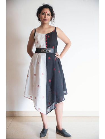 Black and White Asymmetric Dress in Jamdani Fabric - Prathaa - weaving traditions