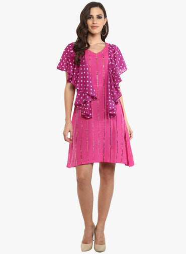 Dress - Pink Khesh Short Dress With Ruffles - Prathaa