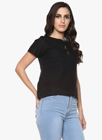 Top - Black Handloom Cotton Short Sleeves Top - Prathaa