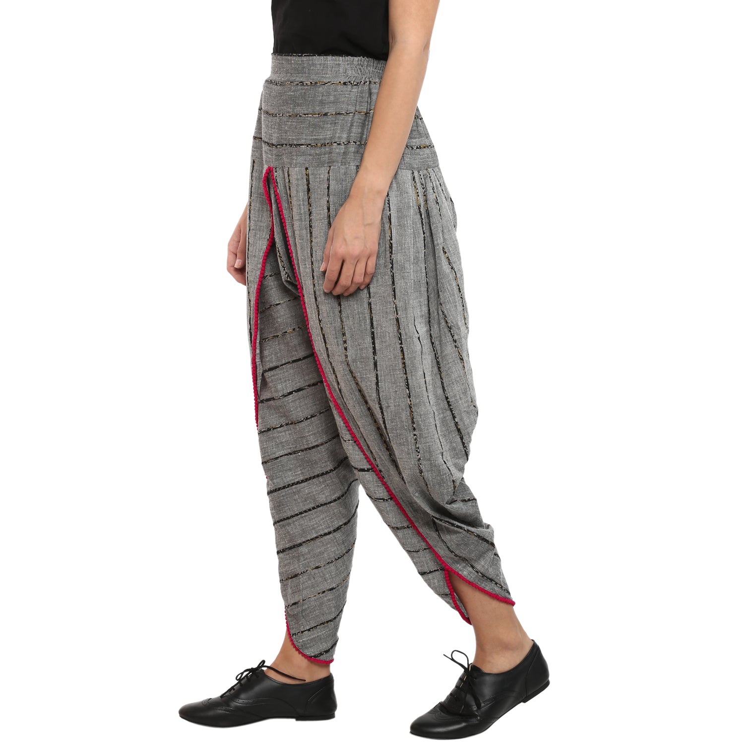 Bottom - Grey Khesh Dhoti with pink pom-pom border - Prathaa
