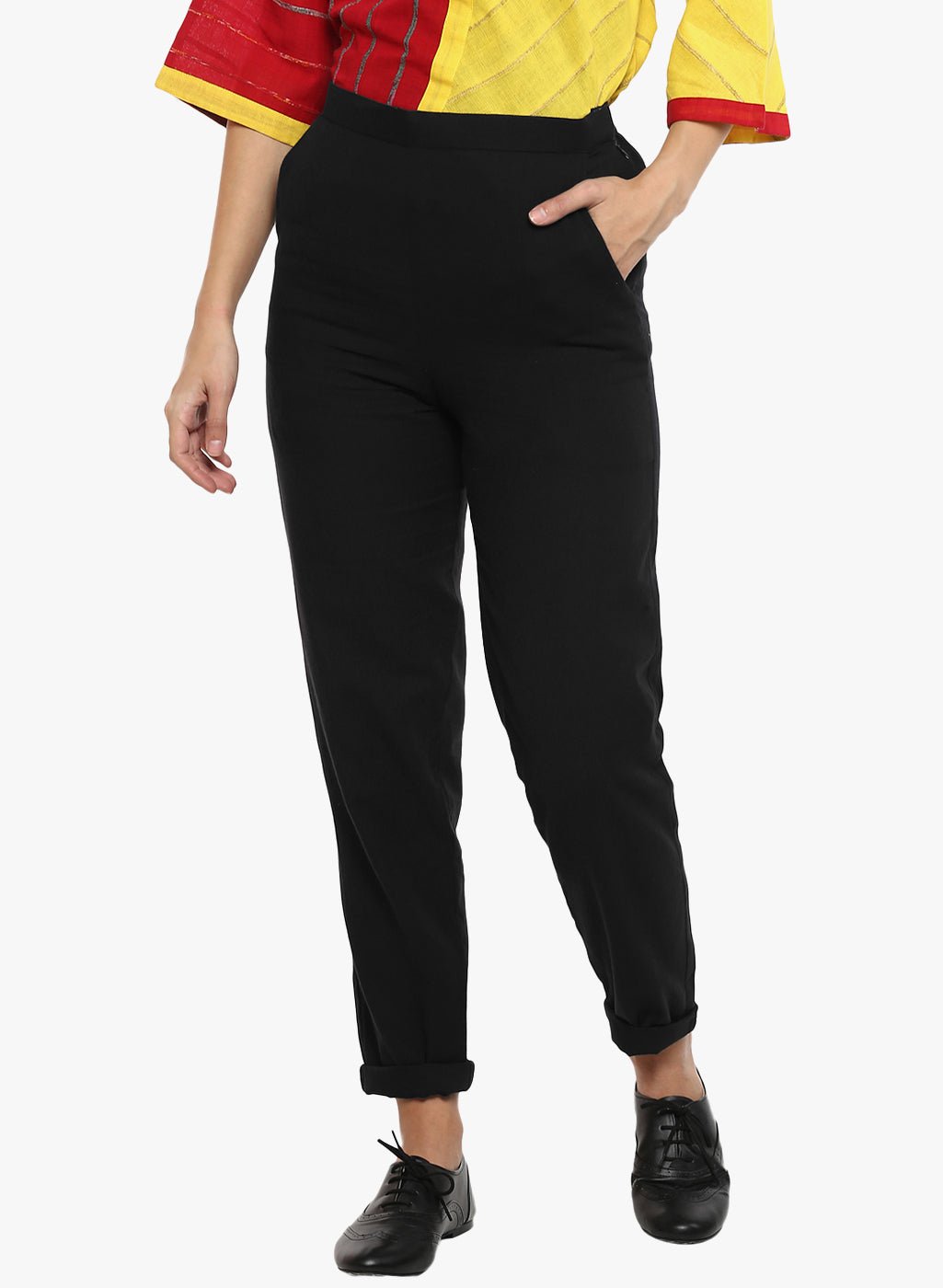 Bottom - Black handspun handwoven regular trouser - Prathaa