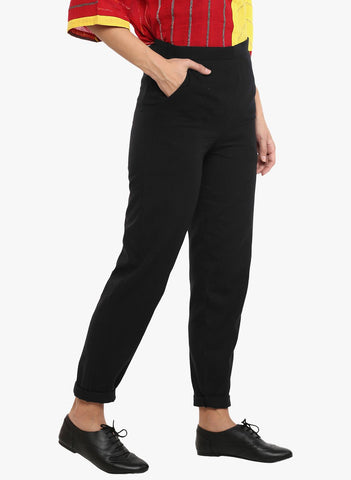 Bottom - Black handspun handwoven regular trouser - Prathaa