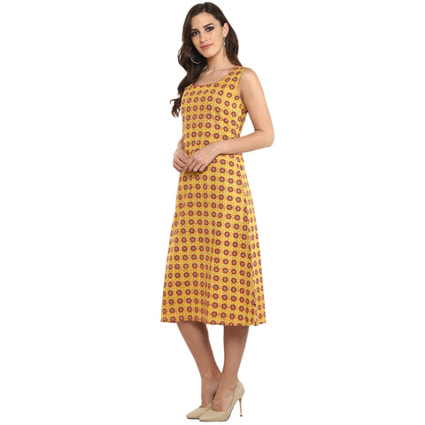 Dress - Yellow Printed A-Line Dress in Handloom Cotton - Prathaa