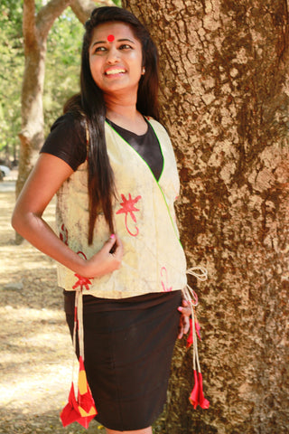 Top - Beige Wrap Top with green piping - Prathaa