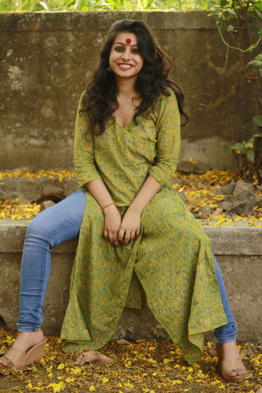 Dress - Green Sanganeri Angrakha - Prathaa