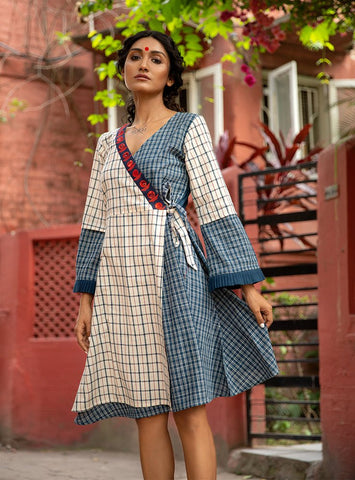 Malkha Off-white and Indigo Wrap Dress - Prathaa - weaving traditions