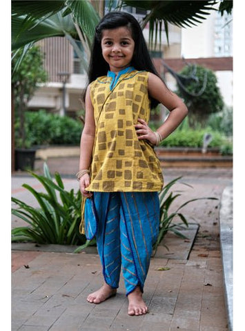 Kids Checks Hand Block Kurti and Dhoti Set - Prathaa - weaving traditions