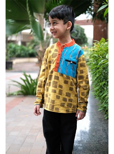 Kids Mustard Hand Block Patchwork Kurta - Prathaa - weaving traditions
