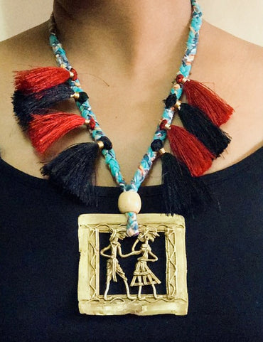Accessory - Dhokra Neckpiece with a Square Pendant and Tassels - Prathaa
