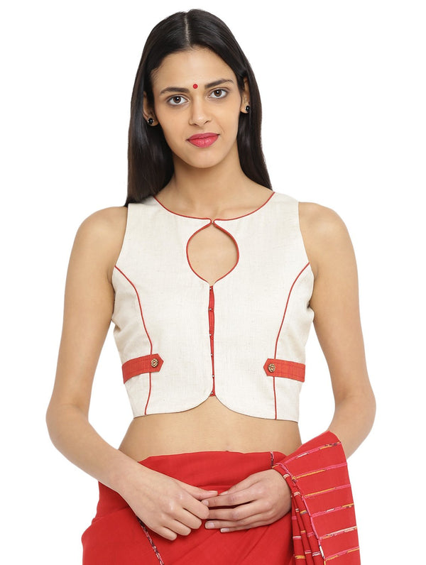 Off white Sleeveless Handloom Blouse With Patch | Prathaa |  festive wear for women | off white sleeveless top