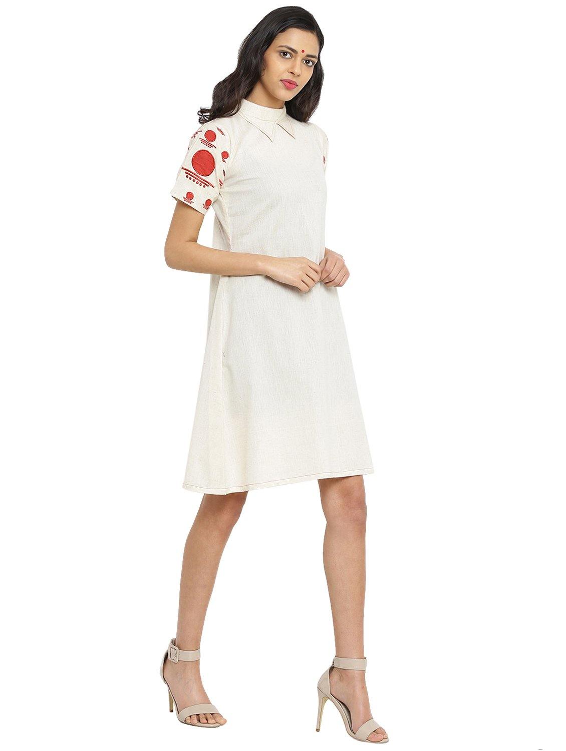 White handloom cotton bindi sleeve A-line dress with collar from Prathaa