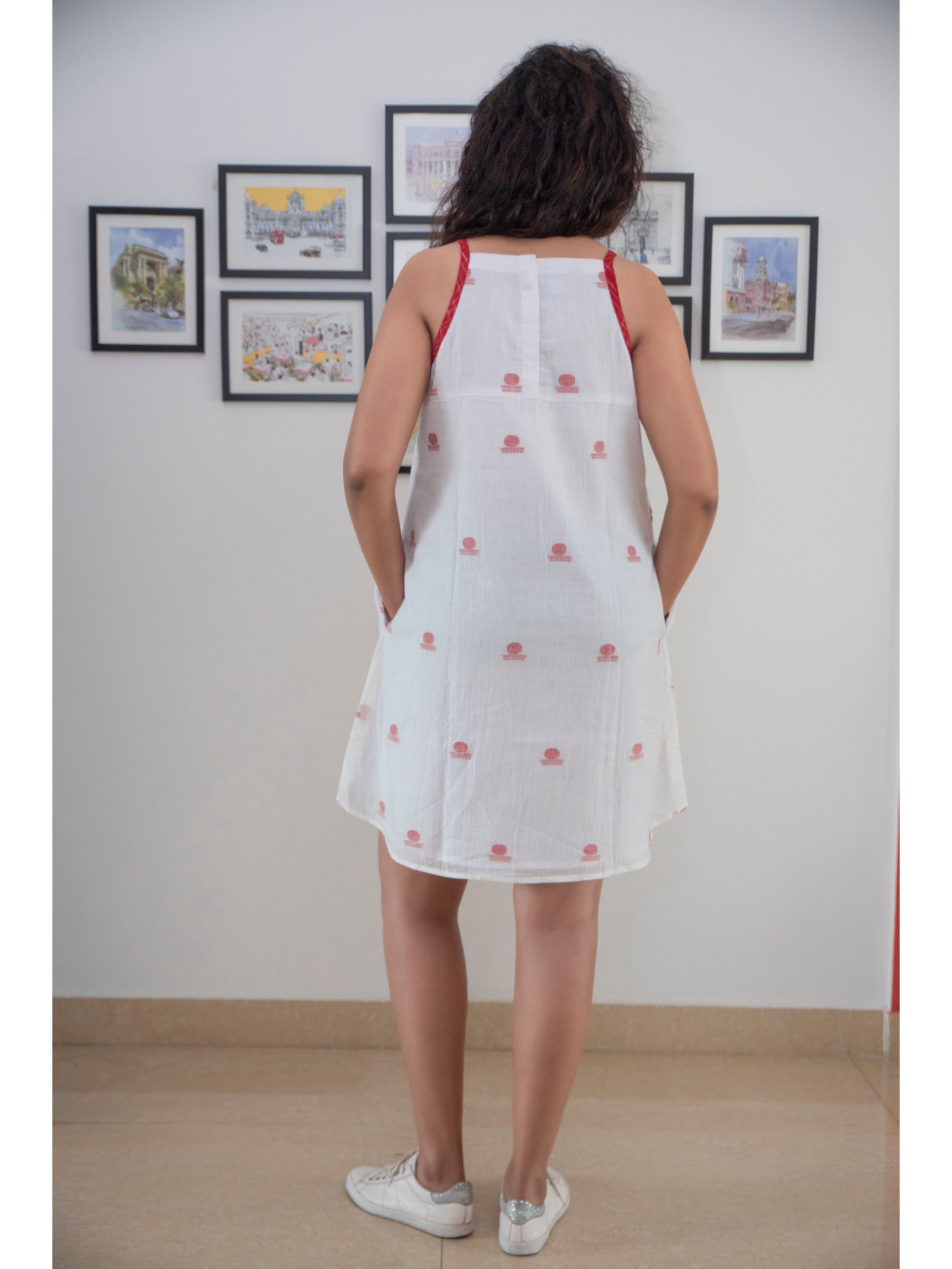 Dress - White Spaghetti Dress in Jamdani Fabric - Prathaa