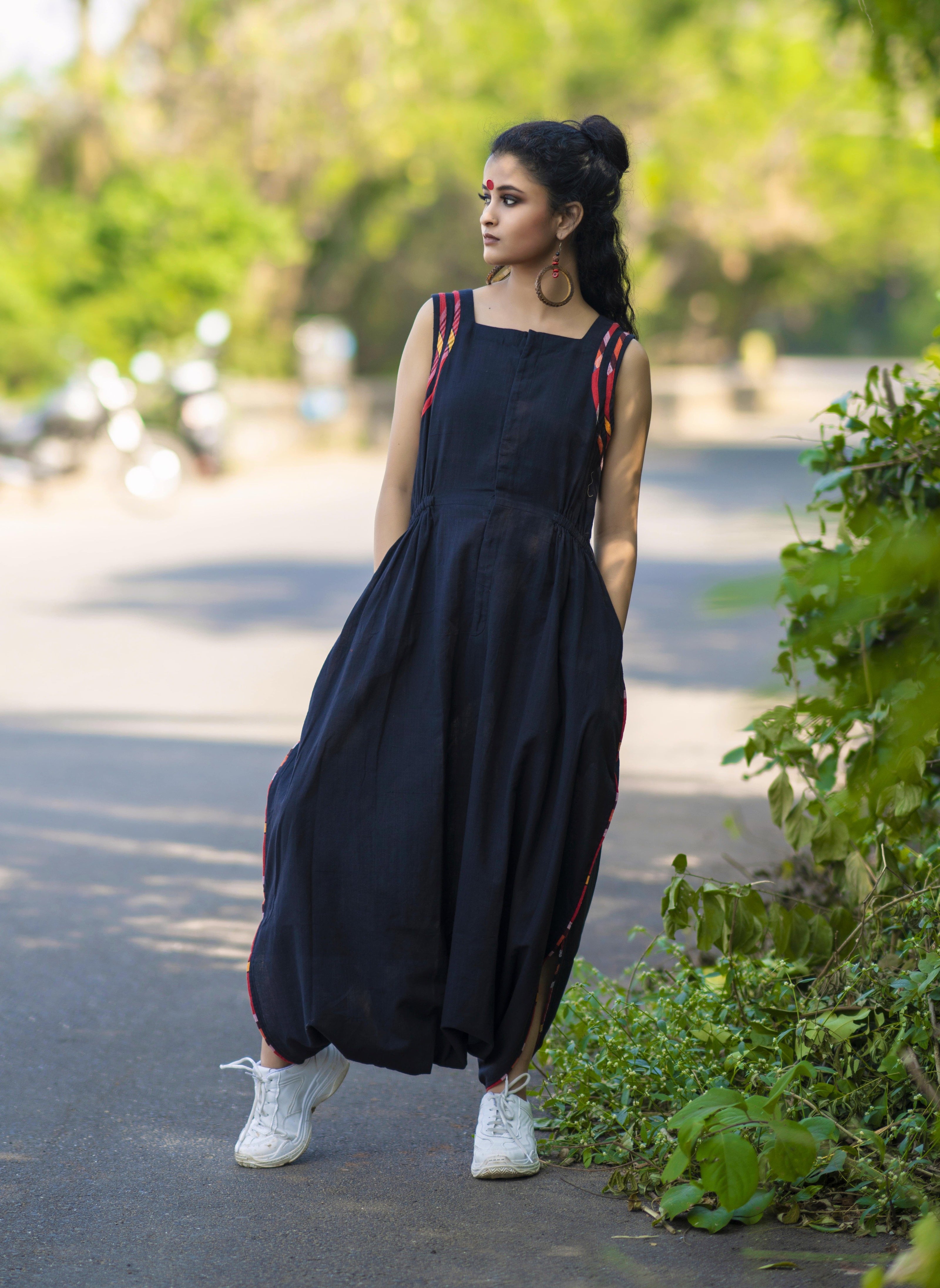 Black Cotton Hiji Biji Jumpsuit with Gamcha Detailing