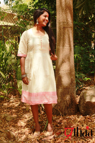 Dress - Off White Dress with Pink border - Prathaa