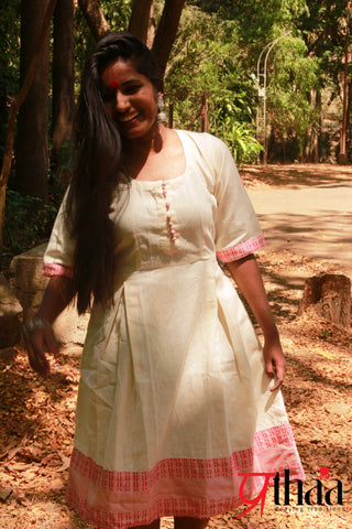Dress - Off White Dress with Pink border - Prathaa