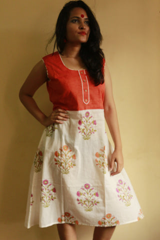 Dress - Orange Mul Flower Printed Dress - Prathaa