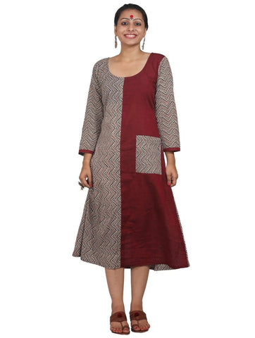 Maroon/Printed Half & Half with Pockets Dress Prathaa Weaving Traditions