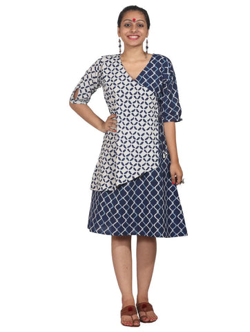 Dress - Indigo Print Overlap Dress - Prathaa