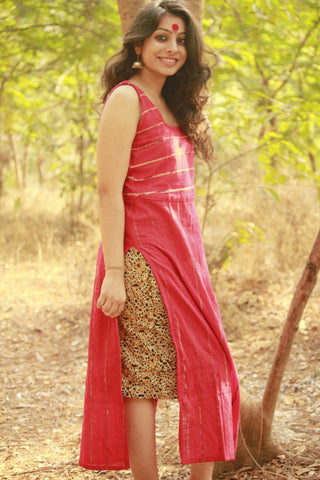 Red Khesh Long Tunic With Racer Back - Prathaa - weaving traditions
