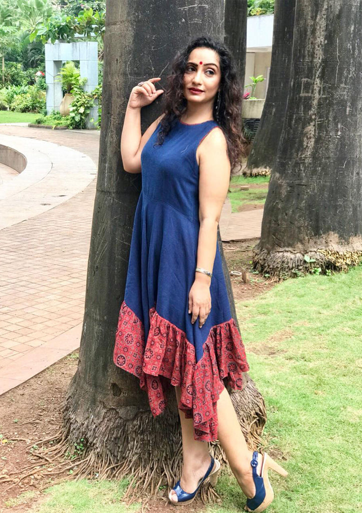 Dress - Kala cotton indigo handkerchief dress with patch work. - Prathaa