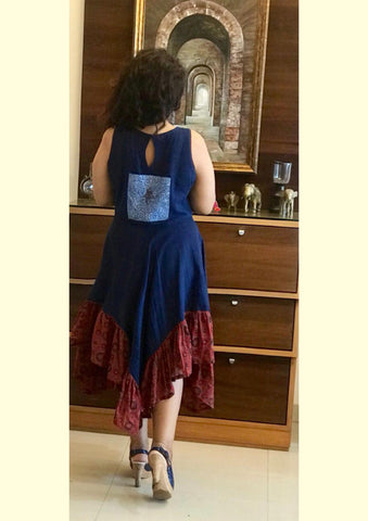 Dress - Kala cotton indigo handkerchief dress with patch work. - Prathaa