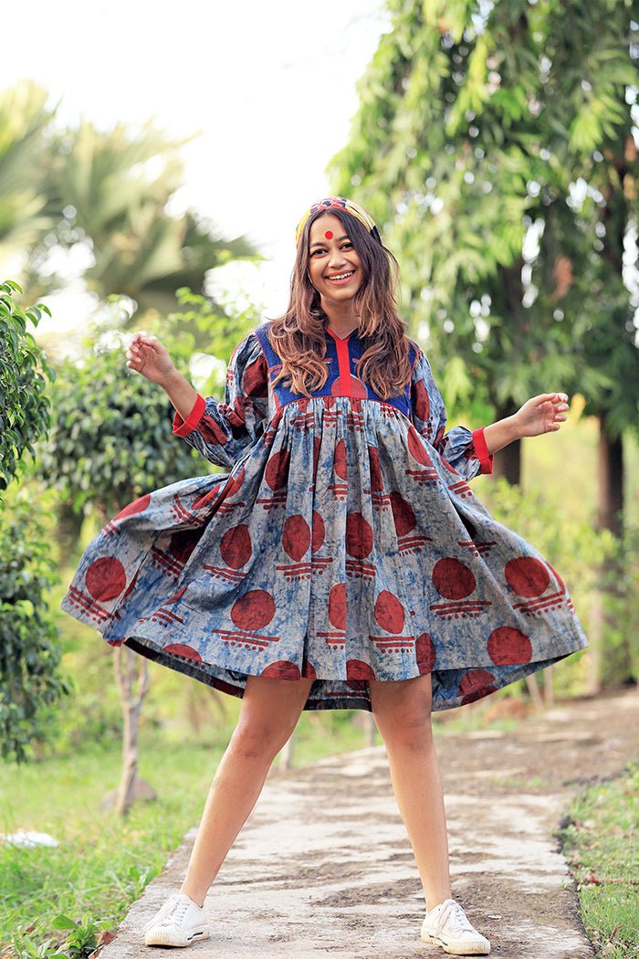 Bawra:- Indigo & Ink Blot Bindi Gathered dress-PRATHAA