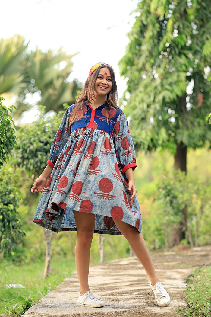 Bawra:- Indigo & Ink Blot Bindi Gathered dress-PRATHAA