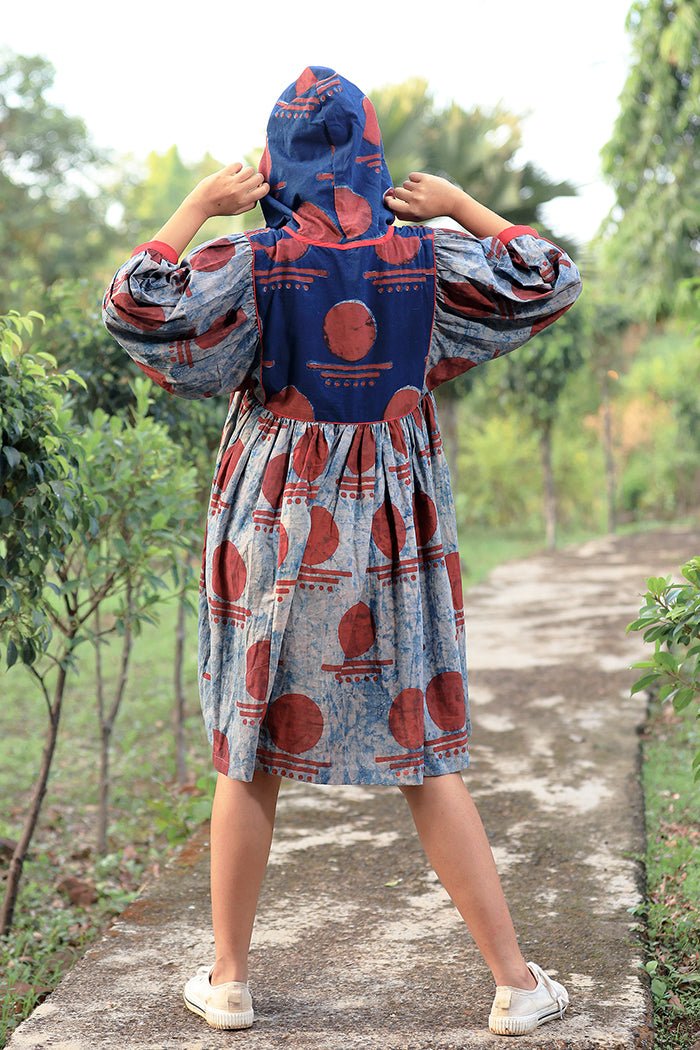 Bawra:- Indigo & Ink Blot Bindi Gathered dress-PRATHAA