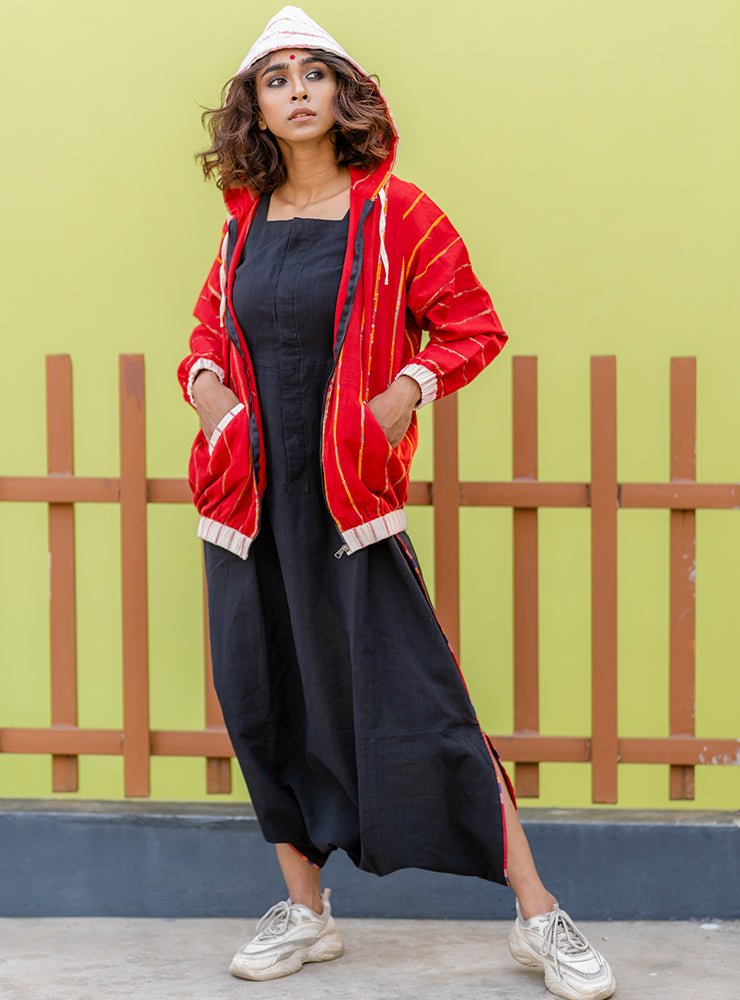 Red Khesh Unisex Hoodie- PRATHAA | unisex zip up hoodies | Handloom Jacket