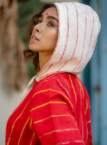 Red Khesh Unisex Hoodie- PRATHAA | unisex zip hoodie | handloom jacket