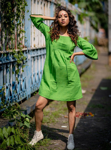 Green Handloom Cotton Dress-PRATHAA - Parrot green handloom cotton dress