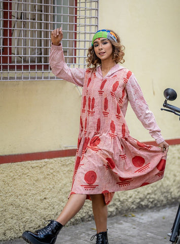 Bawra: Pleated Summer Holiday Dress in Bindi handblock print-PRATHAA