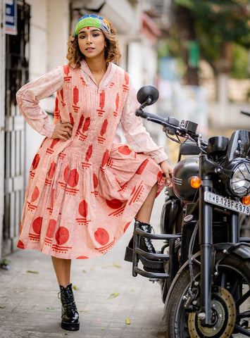 Bawra: Pleated Summer Holiday Dress in Bindi handblock print-PRATHAA