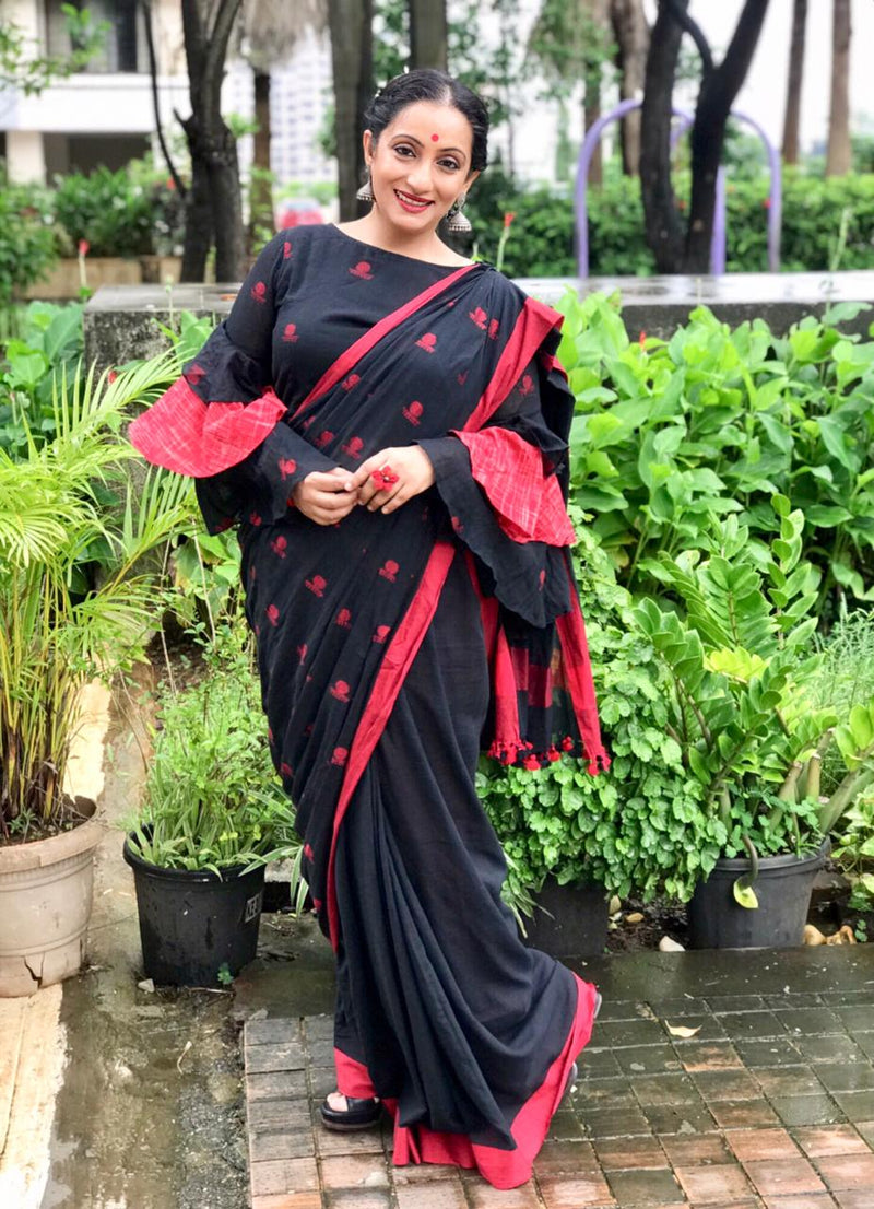 Black Jamdani Cotton Bindi Saree from Prathaa, styled for Sandhi Puja