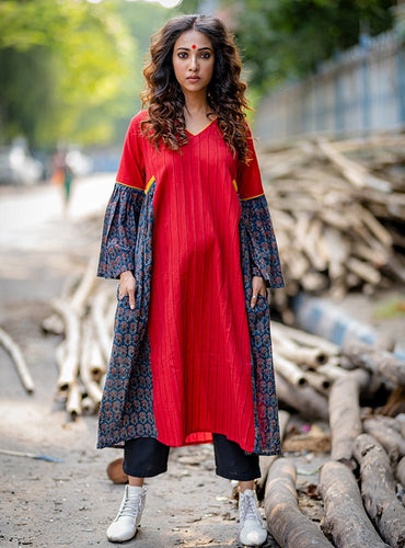 "Rang" Co-rd Set : Red Handloom Cotton Gathered Tunic with black trouser-PRATHAA