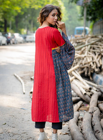 "Rang" Co-rd Set : Red Handloom Cotton Gathered Tunic with black trouser-PRATHAA