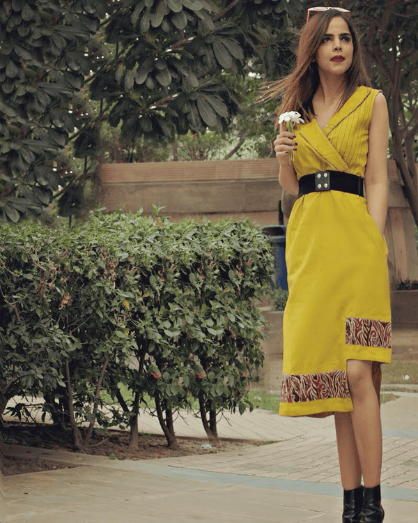 '- Kala cotton mustard asymmetric dress - Prathaa