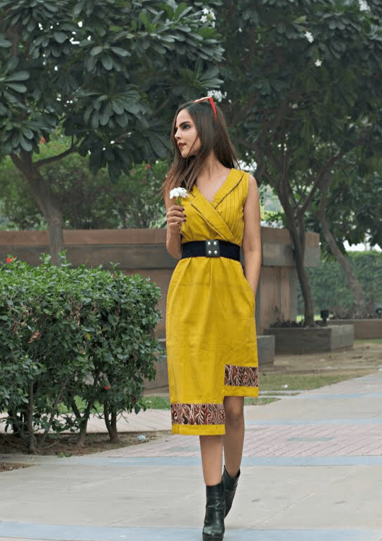 '- Kala cotton mustard asymmetric dress - Prathaa